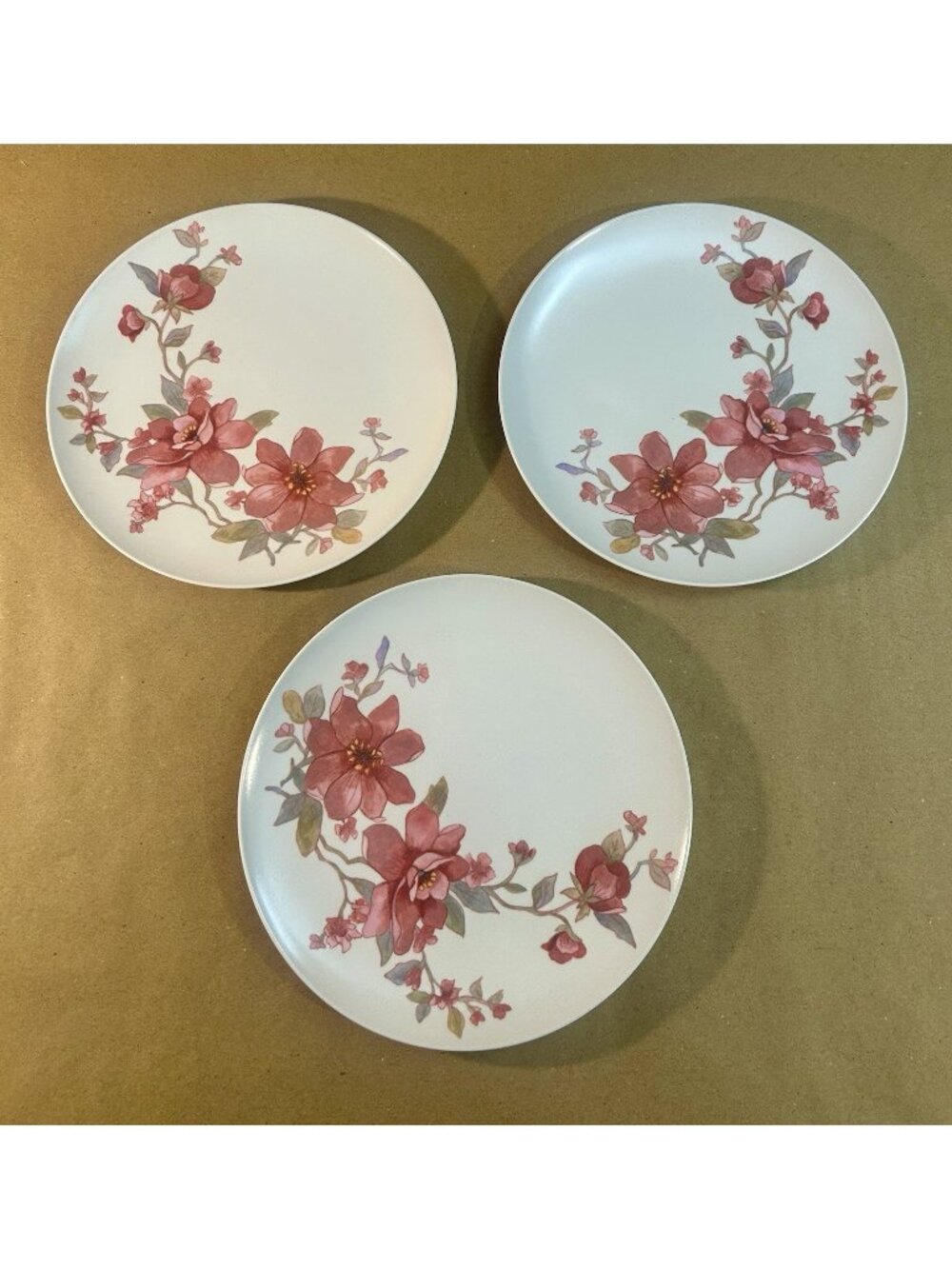 Set of 3 Vintage Melamine Plates- White with Pink Flowers-9.5"